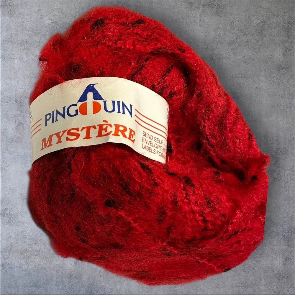 8 Vintage Pingouin Mystere Mohair Wool Blend FluffyYarn‎ Red Black 98 Yds Lot